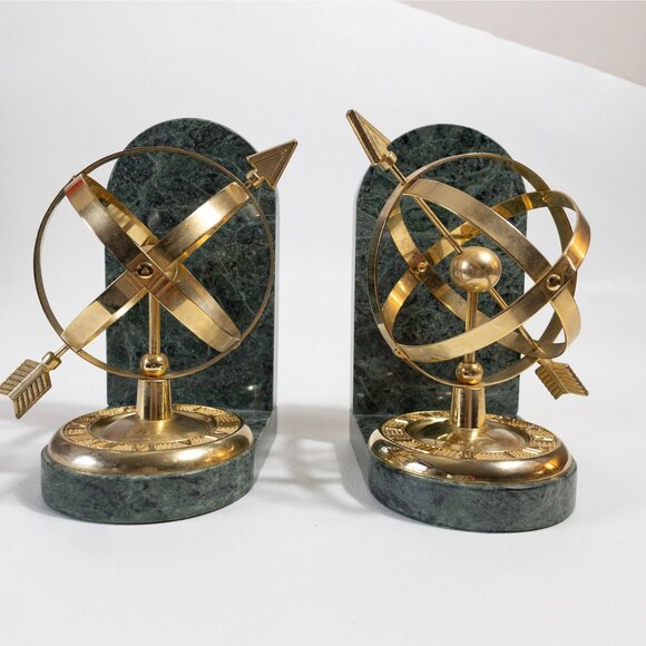 Green Marble Armillary Sphere Bookends With Brass Accents - Picture 4 of 11